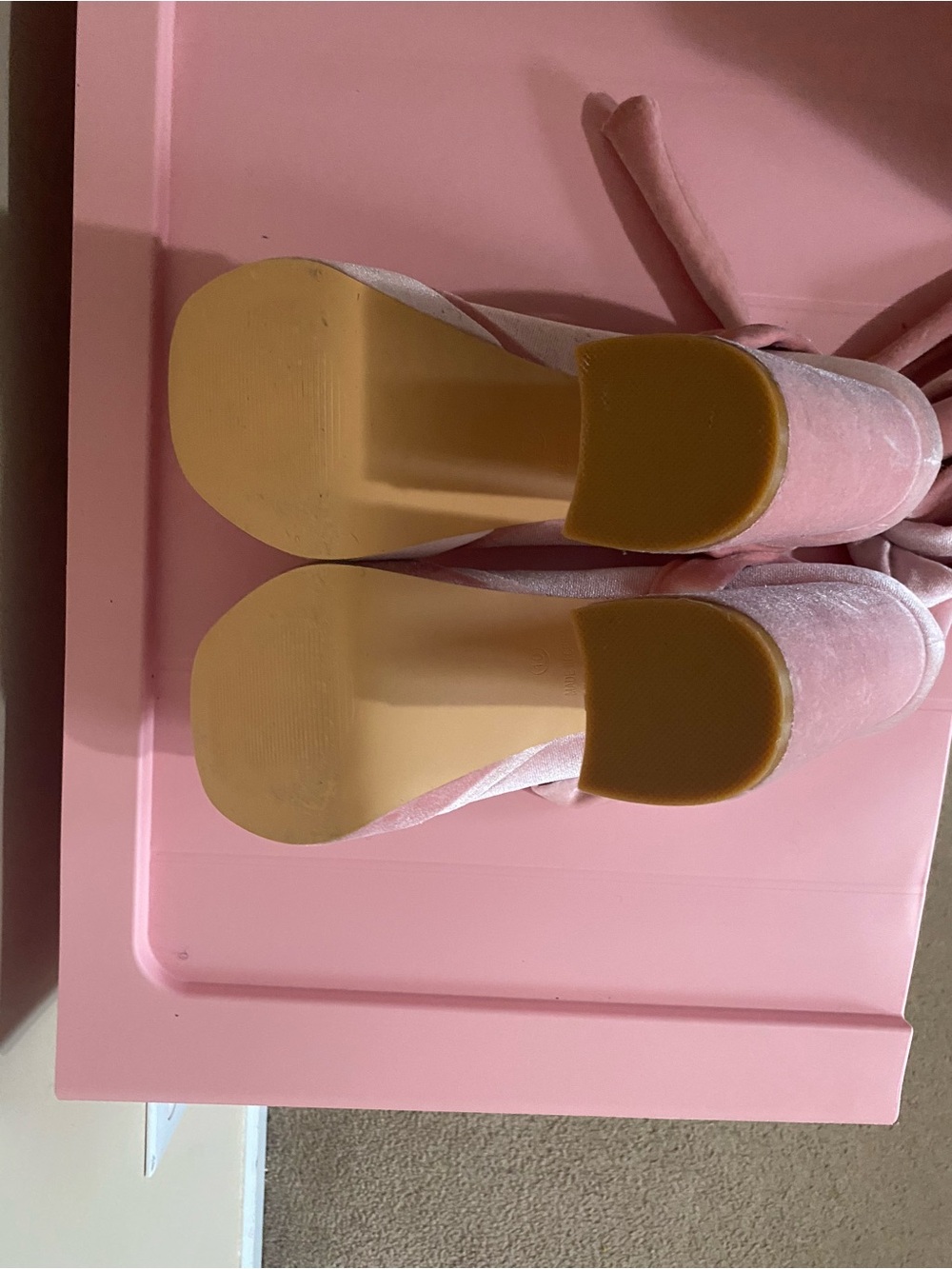 Velvet Pink Platform Block Heel Pumps with Ankle Tie - Picture 6 of 11